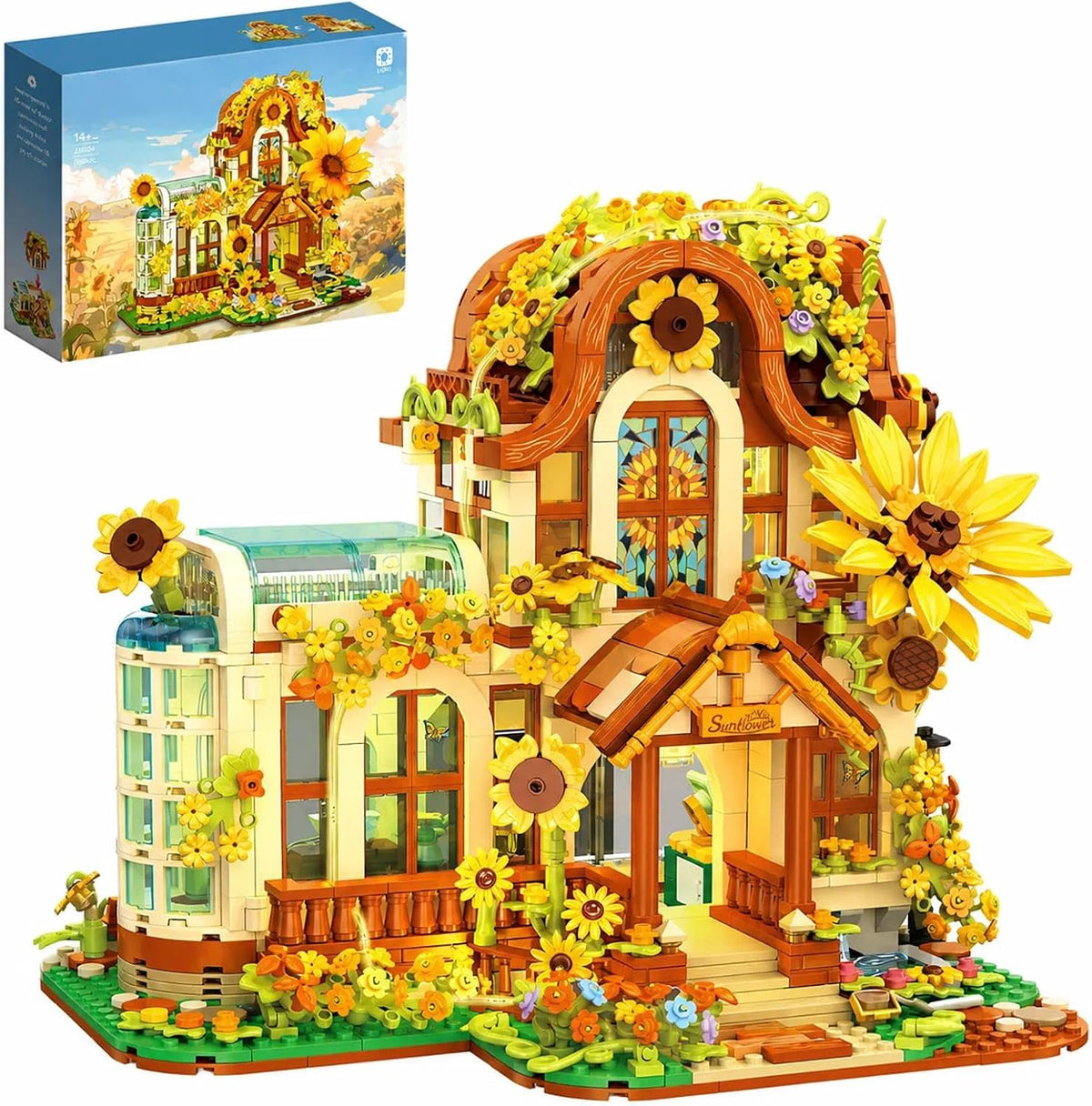 Built sunflower florist house with glass greenhouse and arched windows lit up