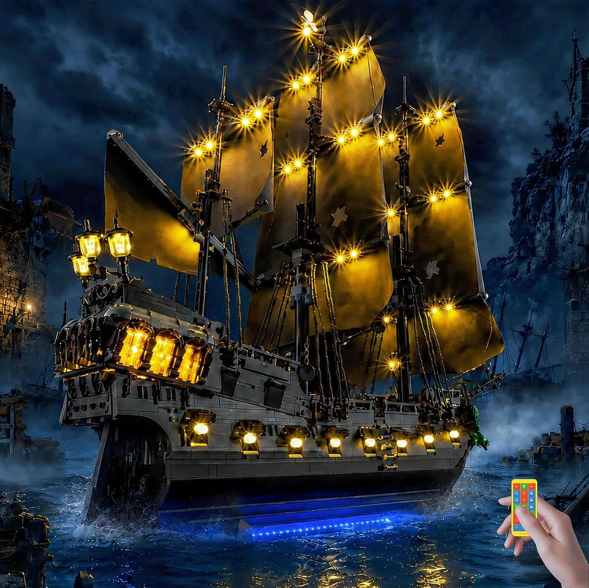 Pirate ship brick model lit by warm LED lanterns on a display shelf