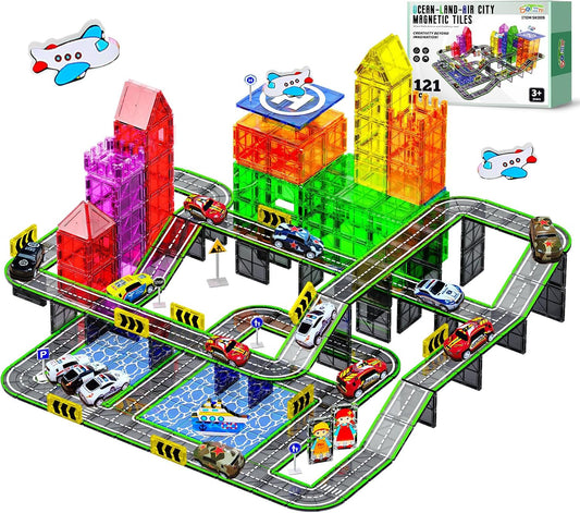 Magnetic tile road layout with pullback cars and traffic signs