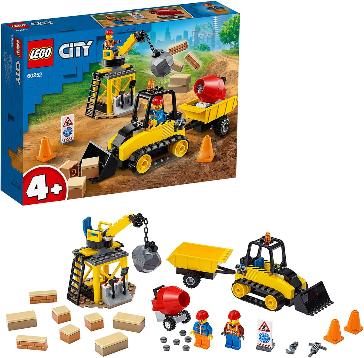 Brick-built yellow bulldozer with two construction worker figures and road cones