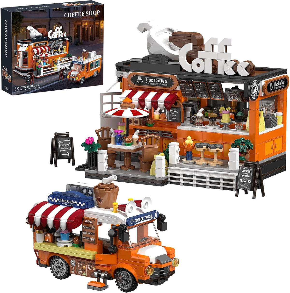 Brick-built coffee house shop with small café car out front