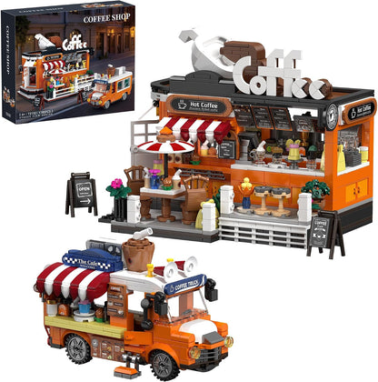 Brick-built coffee house shop with small café car out front