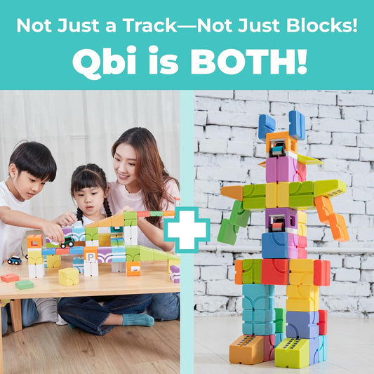 Colorful magnetic building blocks assembled into a tower and small structures
