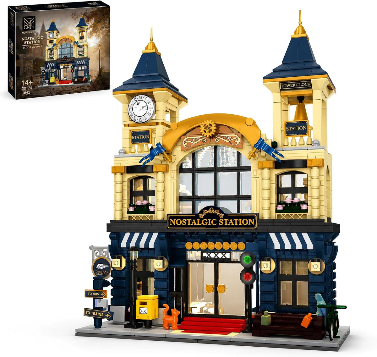Victorian railway station brick model with clock tower and warm LED lights
