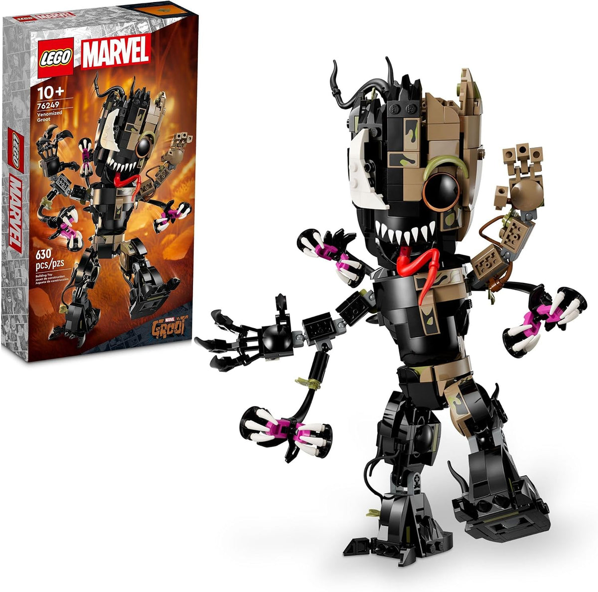 Brick-built tree creature figure half covered by a black alien with teeth and tentacles