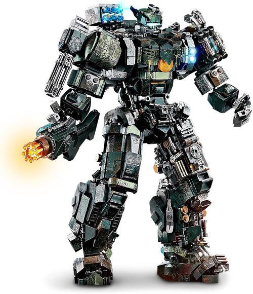 Built battle-damaged mech robot with rotary cannon and metallic parts