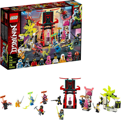 Brick-built ninja marketplace stalls with hats, weapons and several small figures