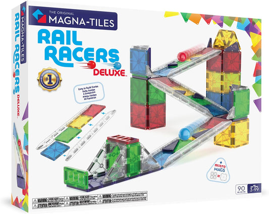 Magnetic construction tiles forming a ramp track with small racer cars