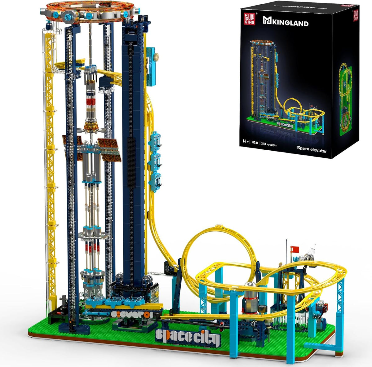 Brick-built motorized roller coaster with tall space elevator tower and loop track