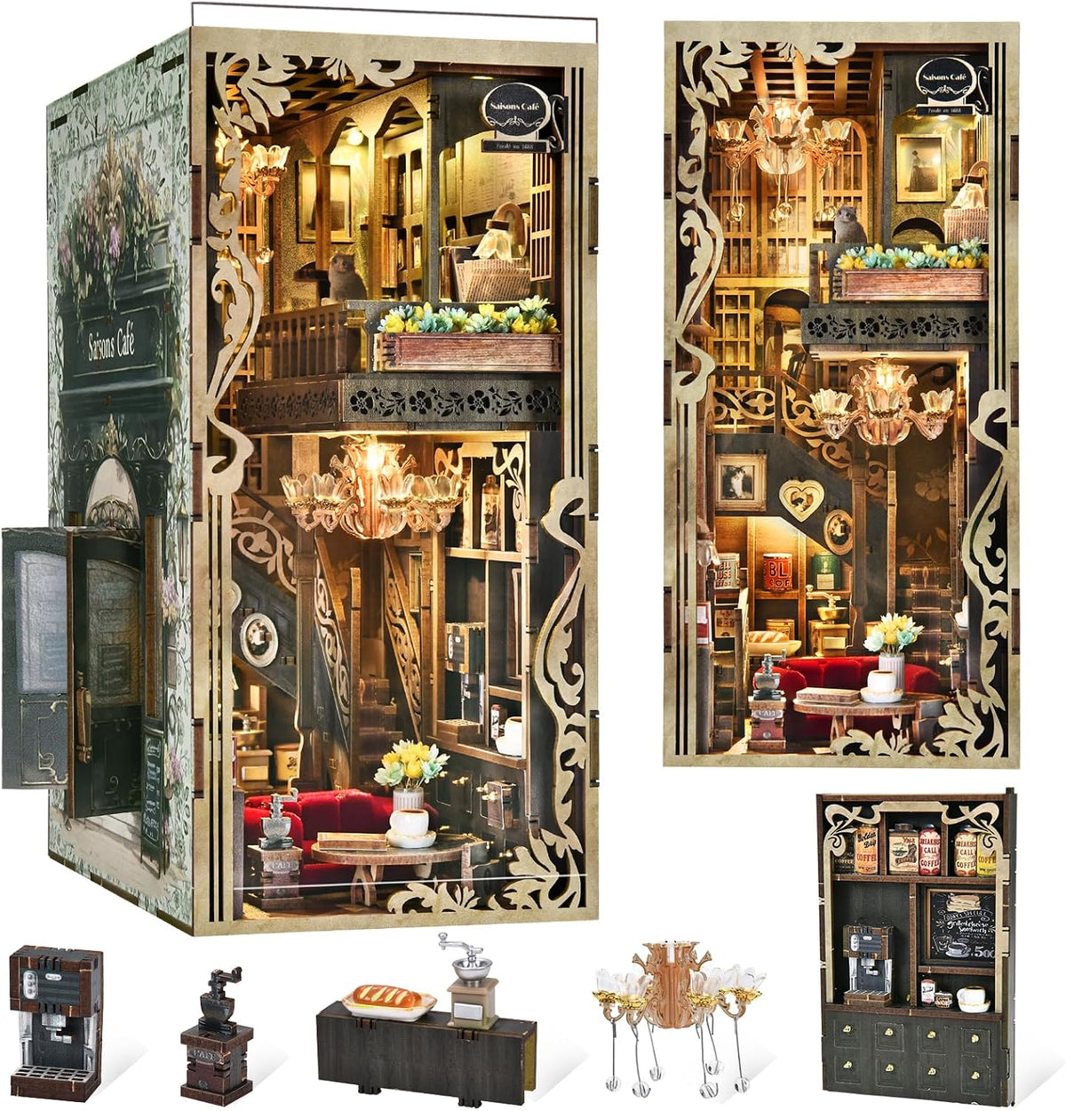 Lit fantasy castle book nook diorama standing between books on a shelf – view 2