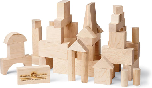 Unfinished maple wooden building blocks in assorted shapes