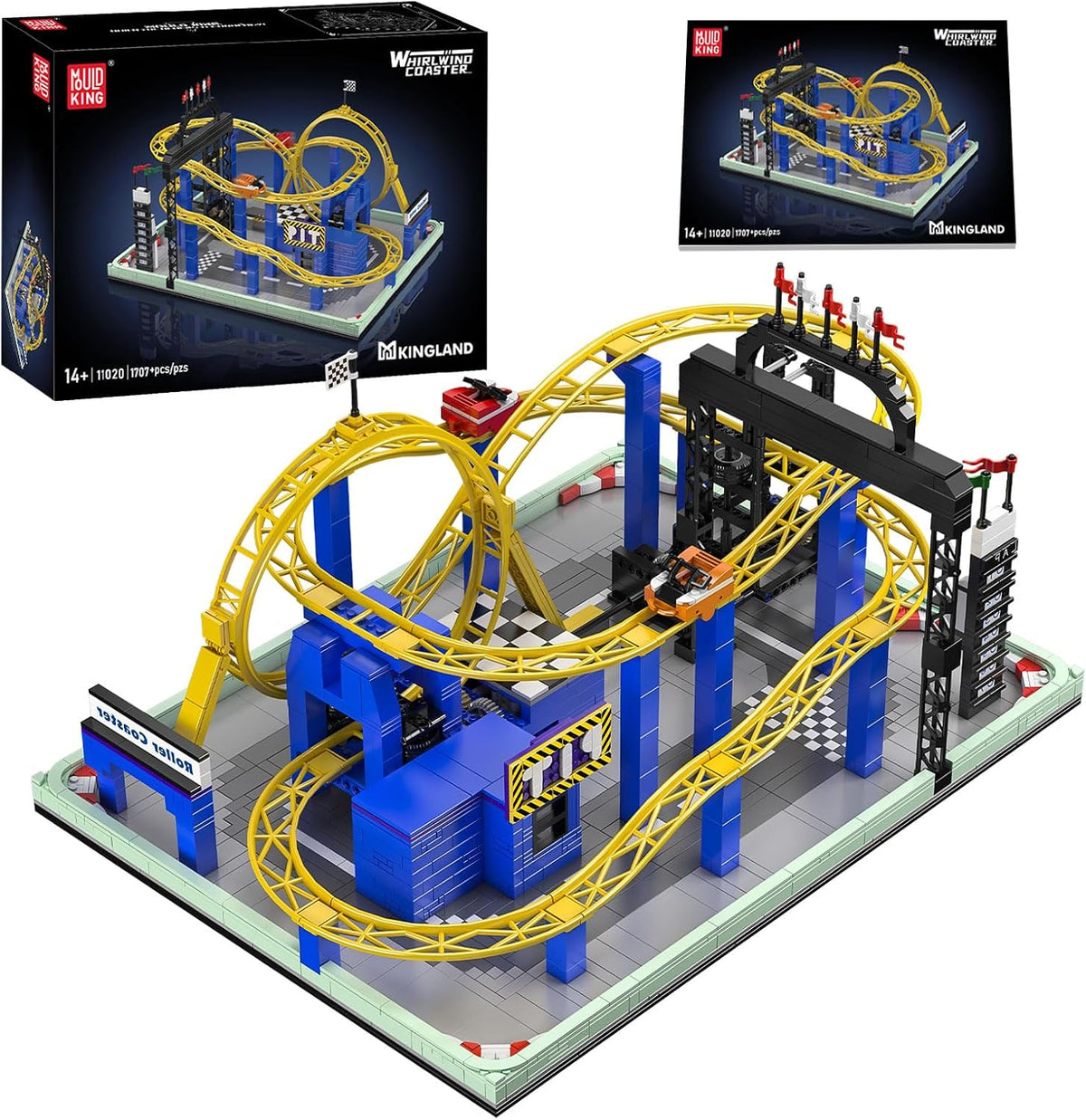 Brick-built motorized roller coaster with twisting track and coaster cars