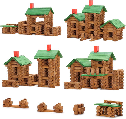 Wooden log cabin built from stacked toy logs