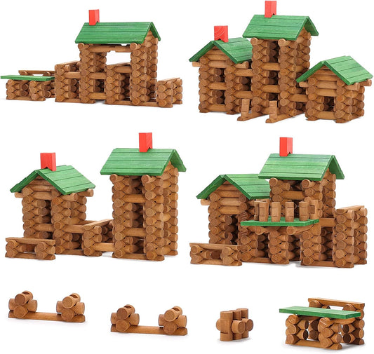 Wooden log cabin built from stacked toy logs