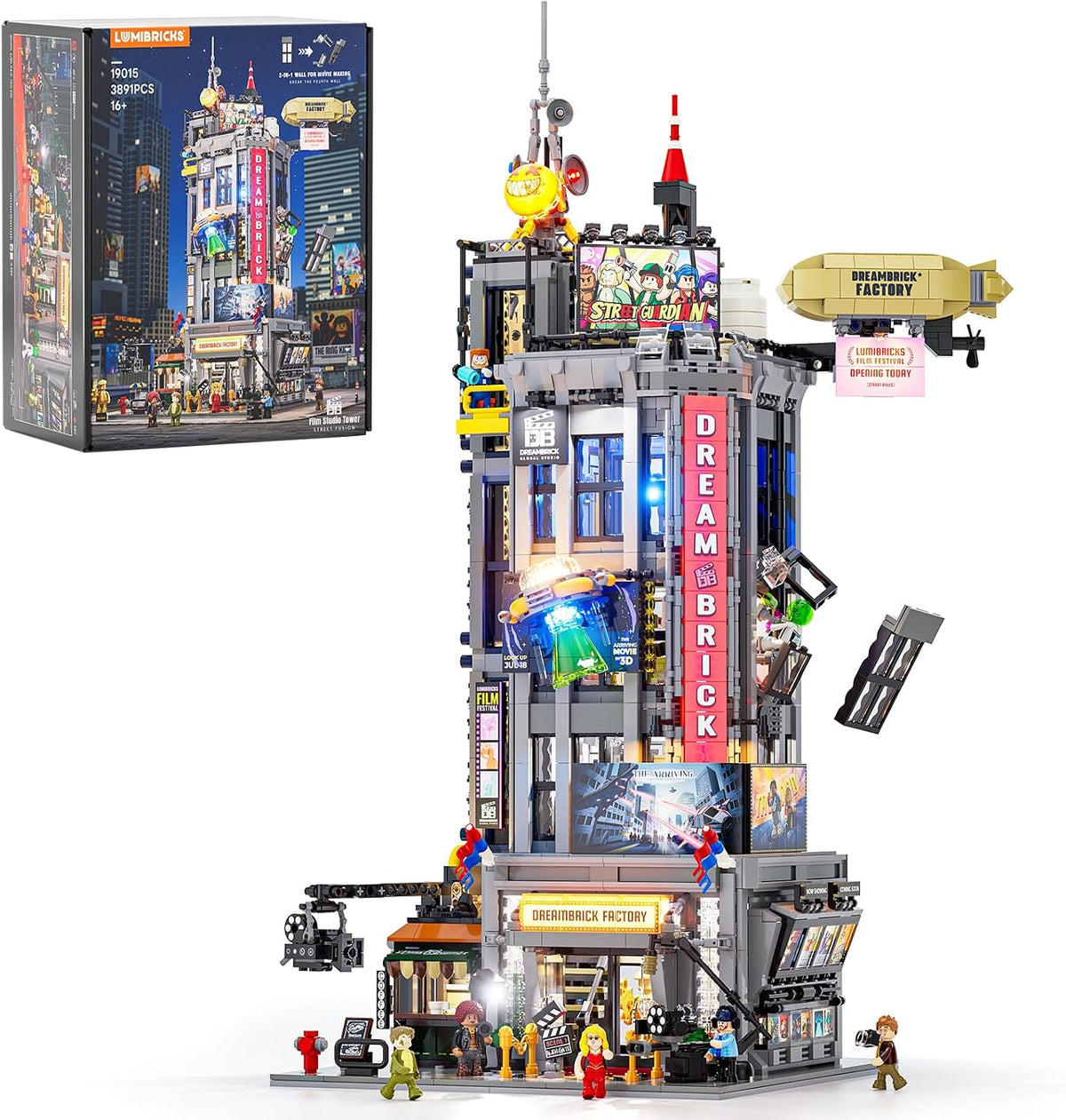 Lit brick-built street film studio tower building model