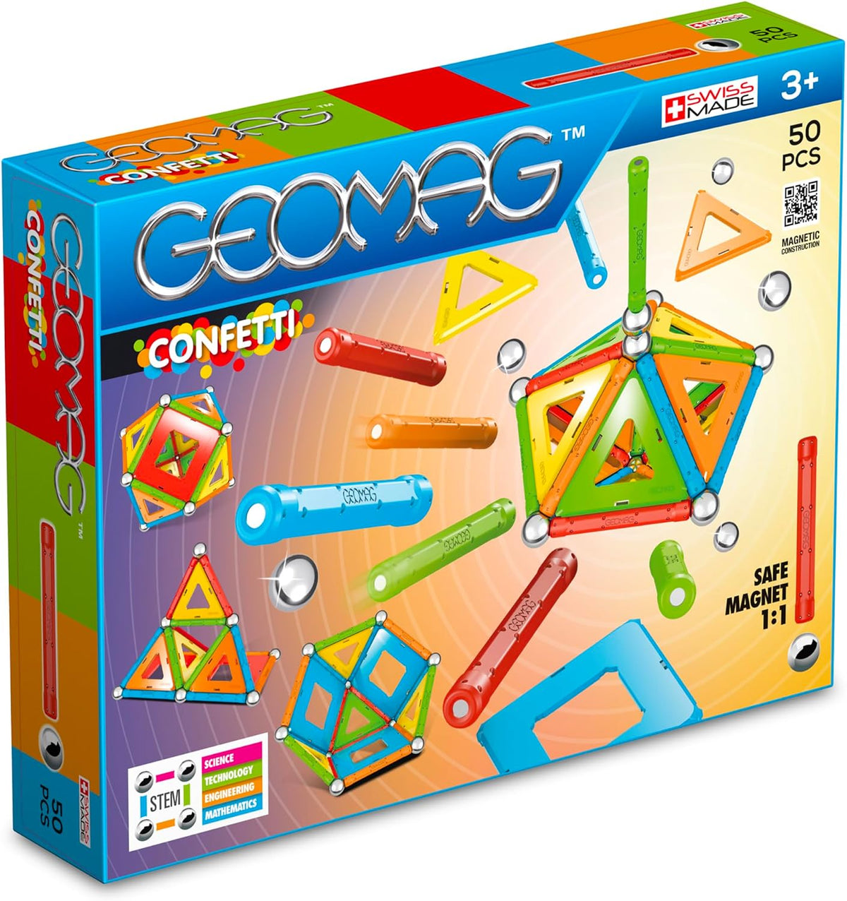 Colorful magnetic sticks and silver balls built into a 3D frame – view 3