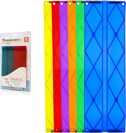 Colorful magnetic tile ramp race track with a small toy car rolling down – view 5
