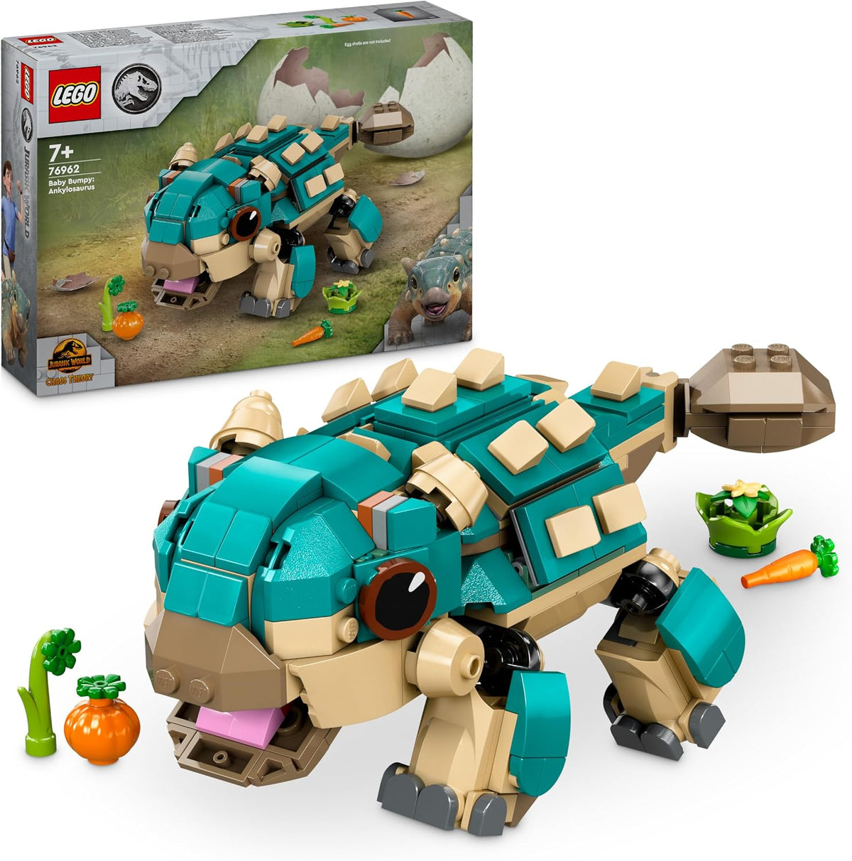 Brick-built baby ankylosaurus dinosaur with armored back and open jaws