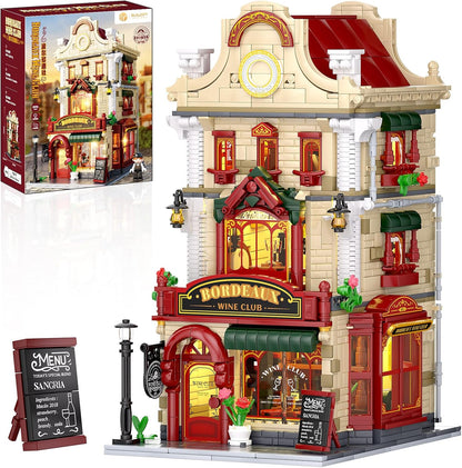 Three-story brick wine chateau with lit windows, wine racks and oak barrels inside