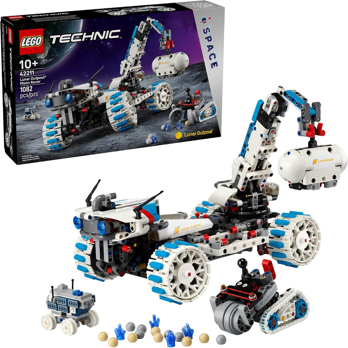 Brick-built lunar rover with rotating arm and smaller mining rover