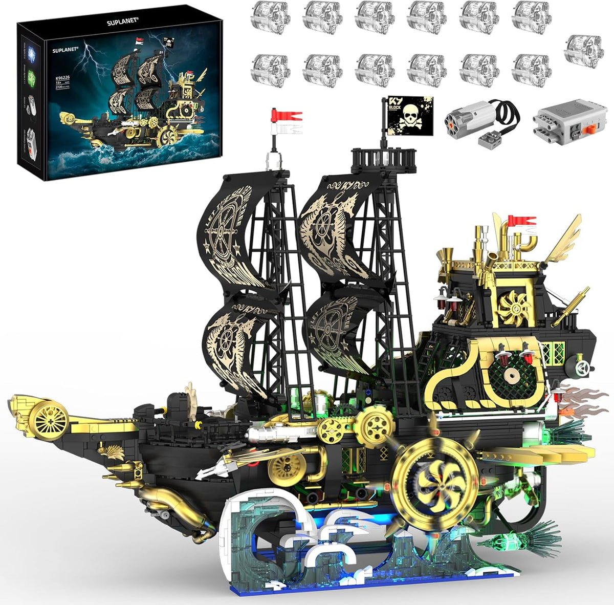 Steampunk pirate battleship brick model with side paddle propellers and glowing LED lights