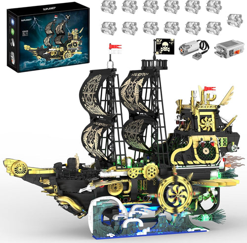 Steampunk pirate battleship brick model with side paddle propellers and glowing LED lights