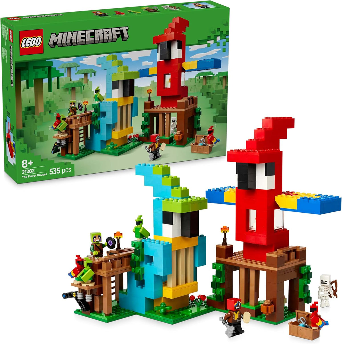 Blocky brick-built parrot house with colorful parrot figures