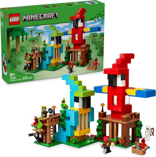Blocky brick-built parrot house with colorful parrot figures