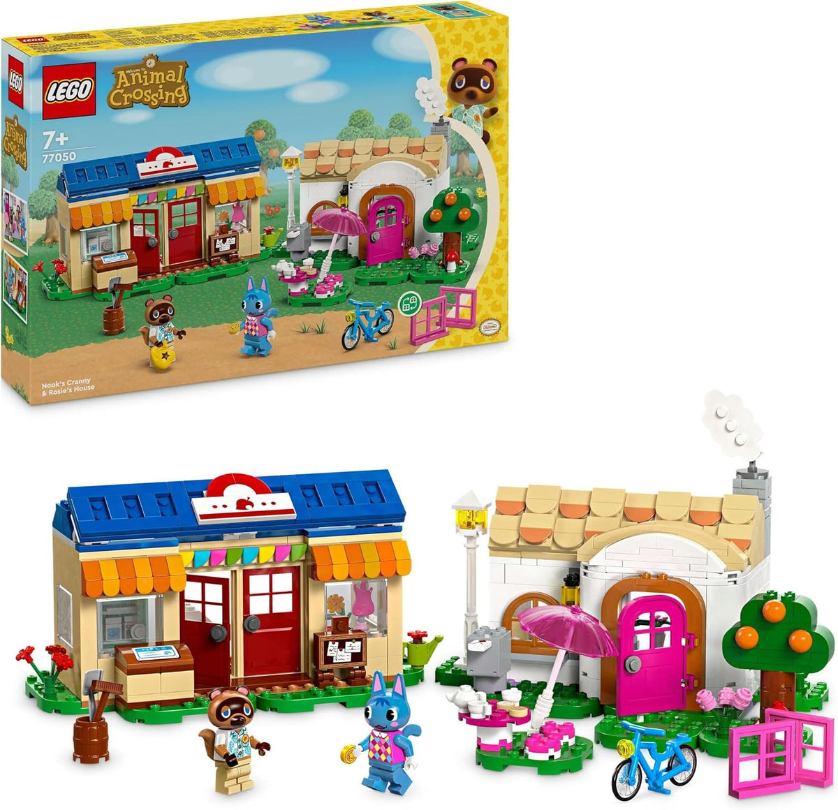 Brick village shop and cottage with two animal character figures