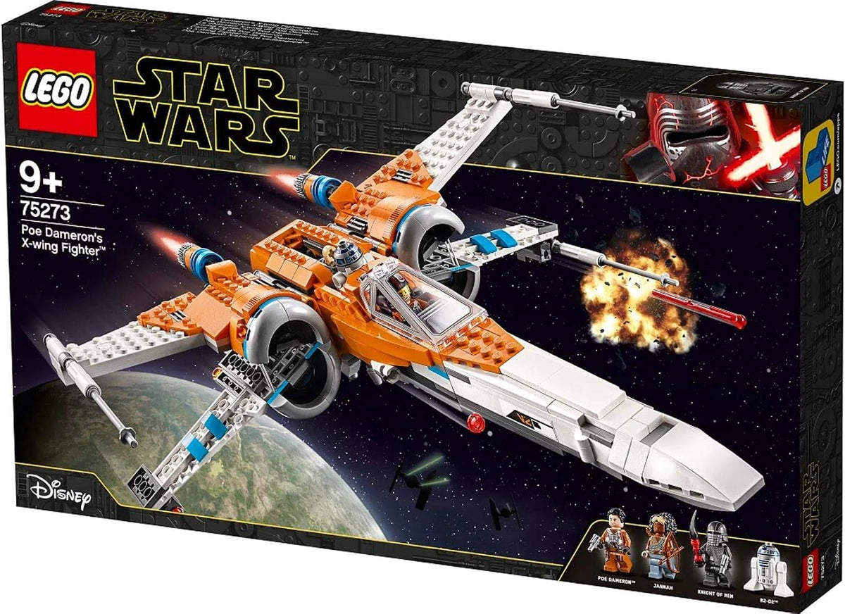 Orange and white brick four-wing starfighter with wings opened in attack mode