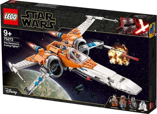 Orange and white brick four-wing starfighter with wings opened in attack mode