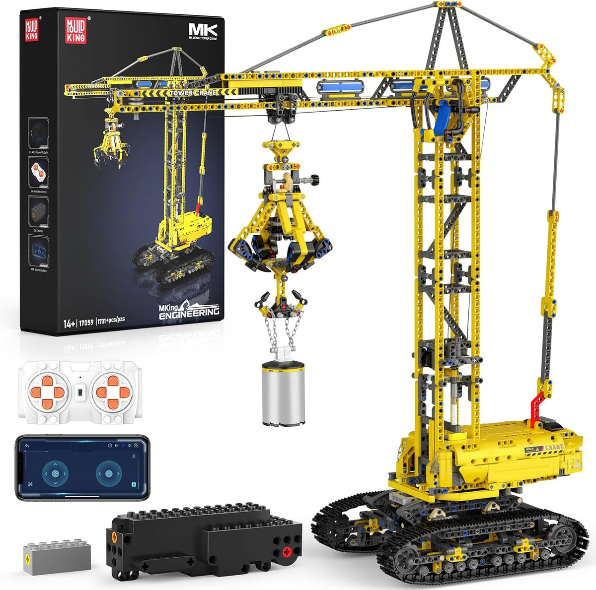 Yellow brick-built remote control excavator with extended arm and bucket – view 2