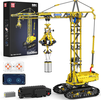 Yellow brick-built remote control excavator with extended arm and bucket – view 2