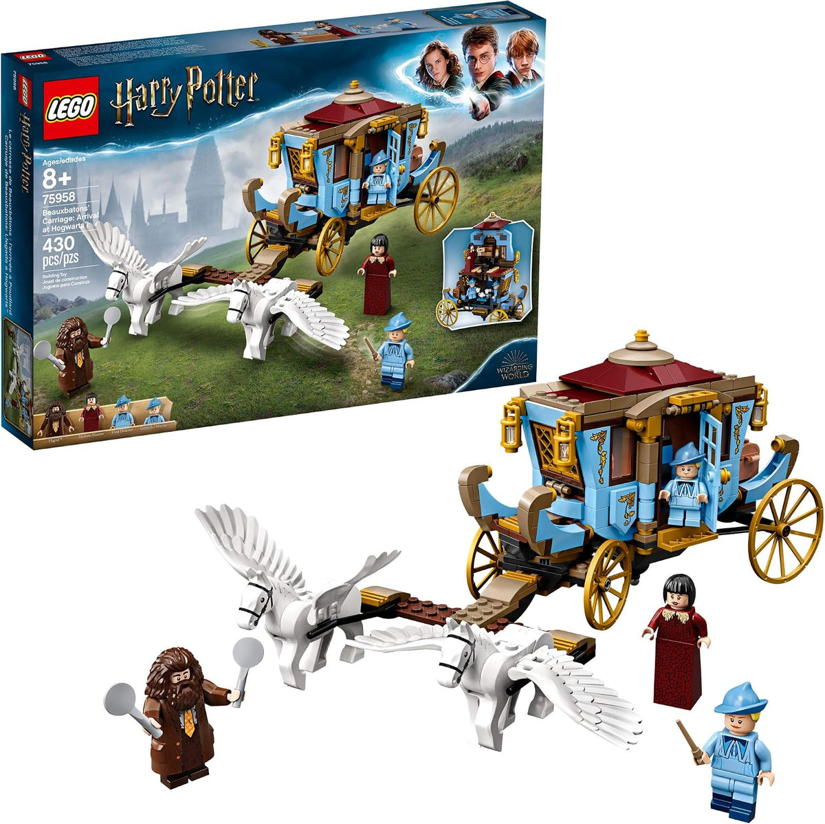 Built winged carriage pulled by two flying horse figures