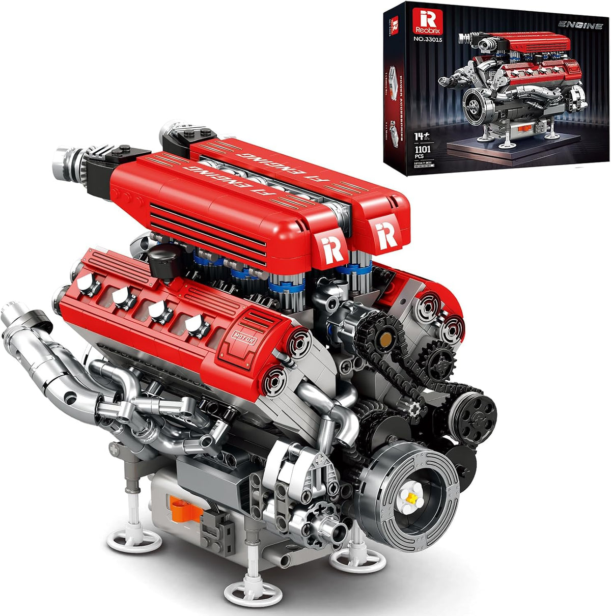 Assembled brick V8 engine model with visible pistons and crankshaft