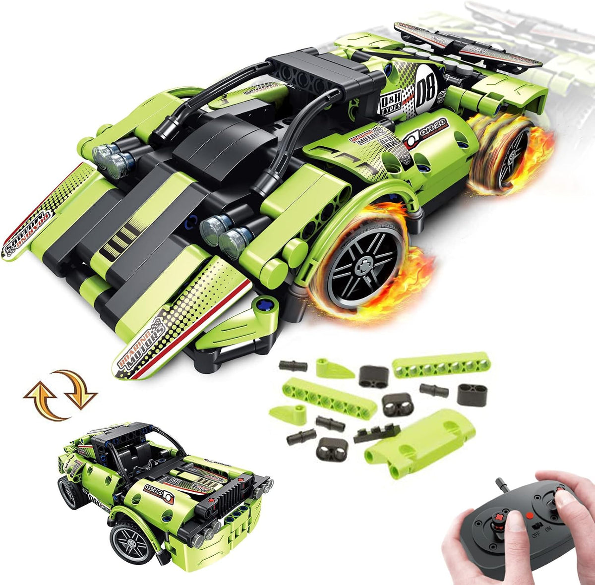 Brick-built remote control racing car with large tires next to its remote controller – view 2