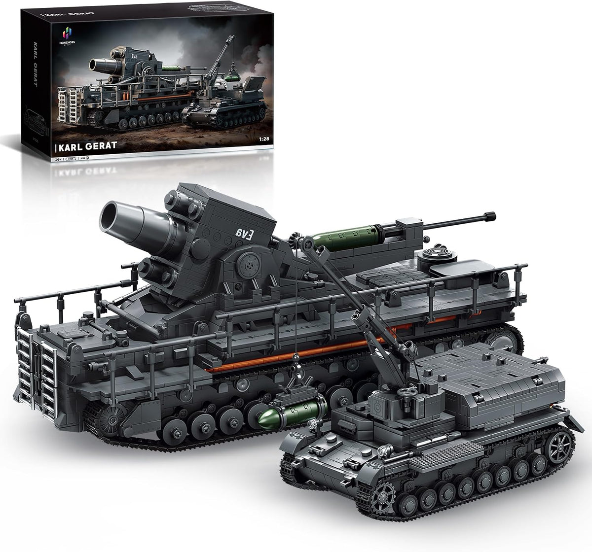 Built tracked heavy siege mortar tank brick model with massive barrel