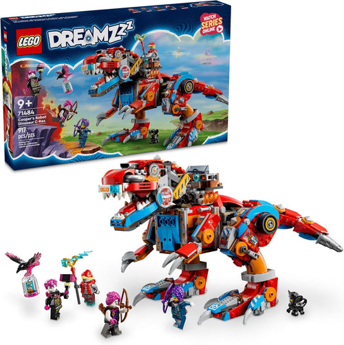 Brick-built robot T. rex dinosaur with posable jaw and tail