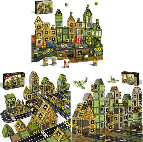 Army-themed magnetic tiles and cubes built into a military base with toy soldiers