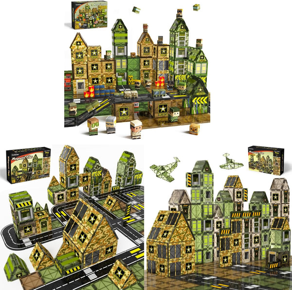 Army-themed magnetic tiles and cubes built into a military base with toy soldiers