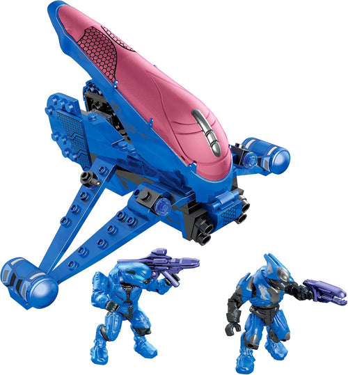 Brick-built blue alien attack aircraft with two blue alien warrior figures