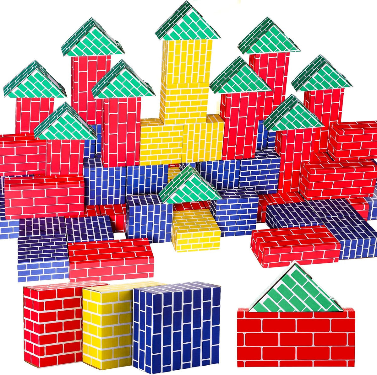 Stack of jumbo cardboard blocks in blue, yellow, red and green