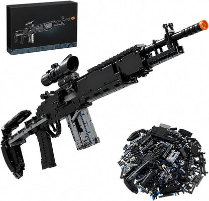 Full-size brick marksman rifle model with scope on a display stand