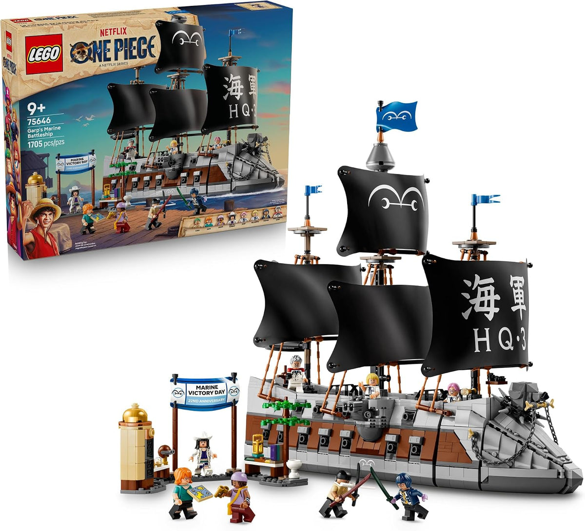 Brick-built navy battleship with dog figurehead, white foil sails and market stalls