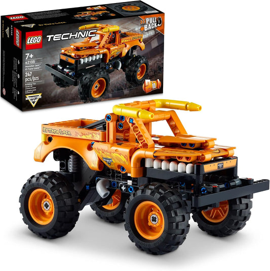 Built pull-back monster truck brick model with horns, teeth and fire graphics
