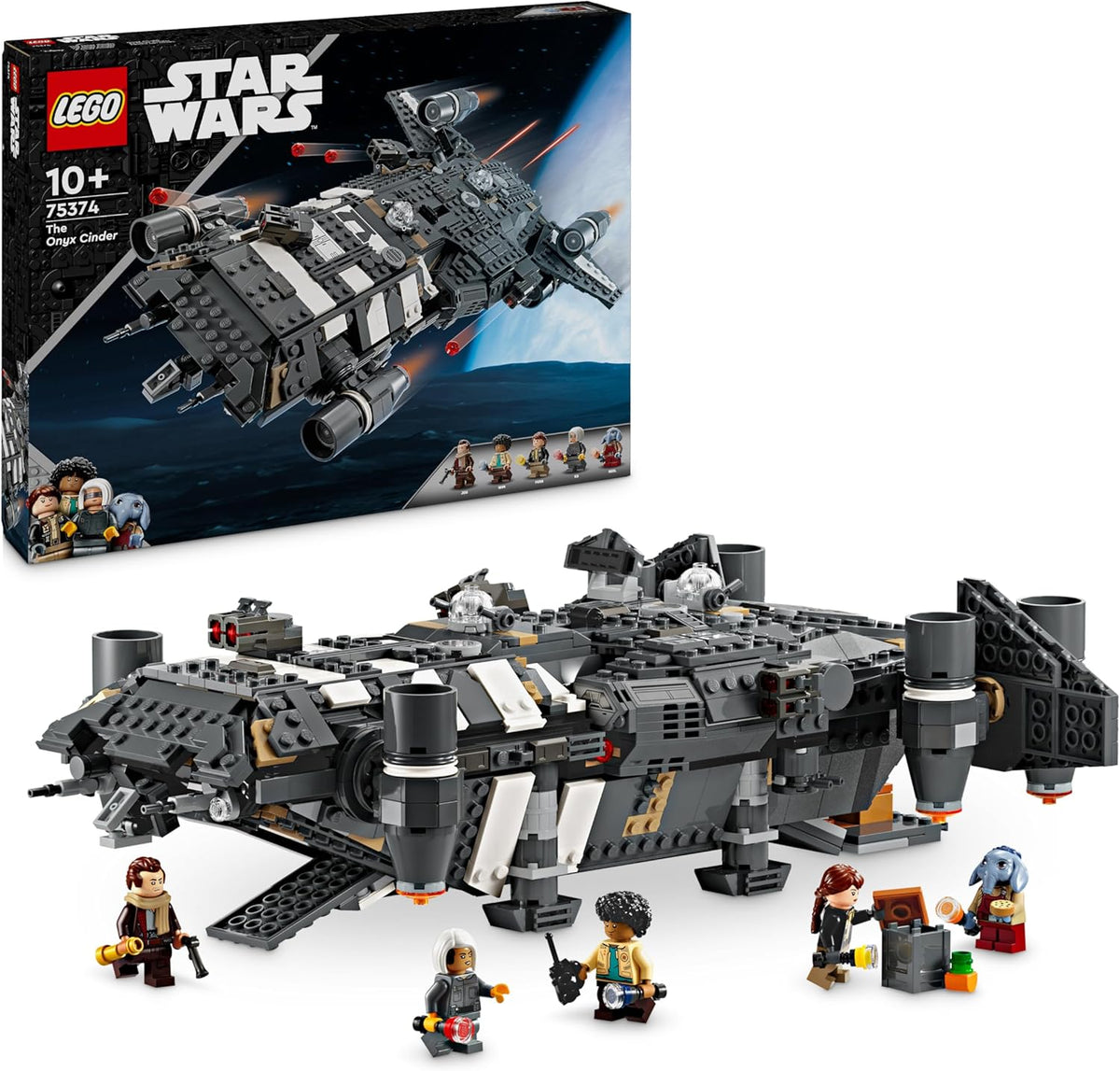 Retro space freighter brick model with rotating engines and five minifigures