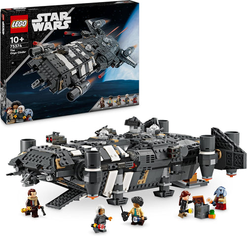 Retro space freighter brick model with rotating engines and five minifigures