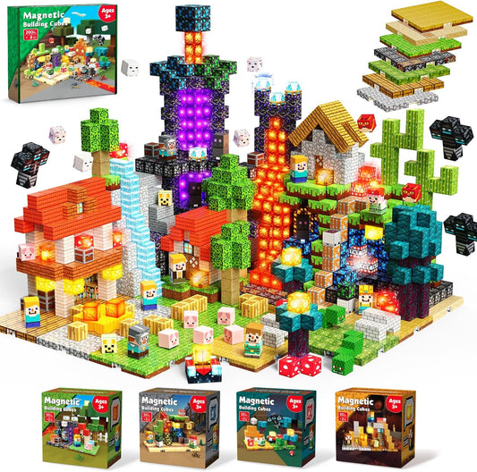 Colorful magnetic cubes built into a small 3D scene on base plates with glowing blocks
