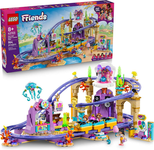 Pastel brick roller coaster with mermaid shell stage and minidoll figures