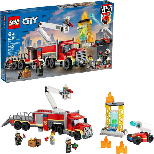 Brick-built red fire command truck with raised cherry-picker arm and firefighter figures